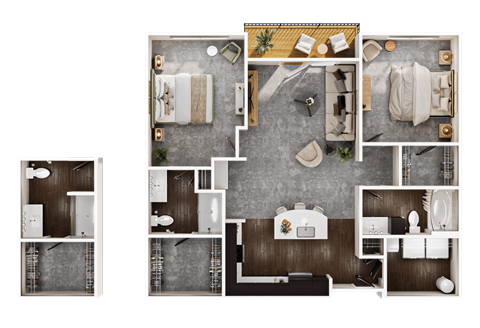 Floor plan for 2 beds, 2 baths, 1172 sqft